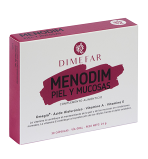 Menodim piel y mucosas - 30 cápsulas a base de Omegia®, Ácido hialurónico, Vitamina A y Vitamina E